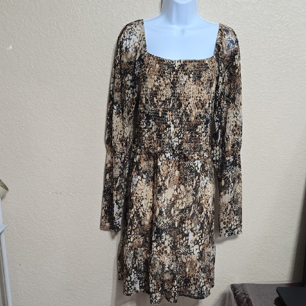 Cato Neutral Snake-Print Square Neck Long Sleeve Dress
